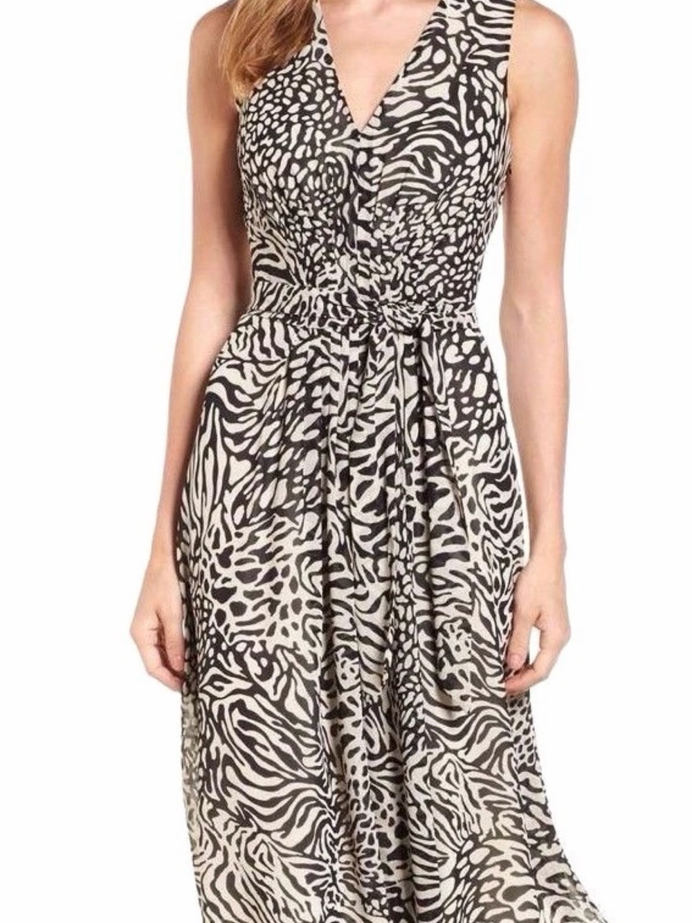 Anne Klein Sleeveless V-Neck Midi Dress in smoky black and Cream Animal Print.